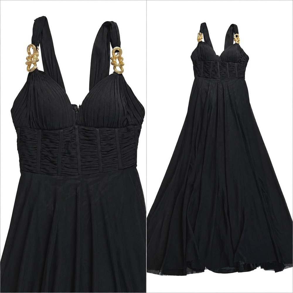 Alberto Makali Dress Black Mesh Bustier Gold Silk Lined Gown Maxi Size 8 Goddess